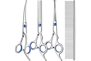 SACCISON Professional 4 in 1 Dog & Cat Grooming Scissors Kit with Safety Round Tips,Sharp & Durable,Dog Shears for Grooming - Includes Straight, Curved, Thinning Scissors and Comb - Premium Pet Supplies