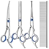 Professional 4 in 1 Dog & Cat Grooming Scissors Kit with Safety Round Tips,Sharp & Durable,Dog Shears for Grooming - Includes Straight, Curved, Thinning Scissors and Comb - Premium Pet Supplies