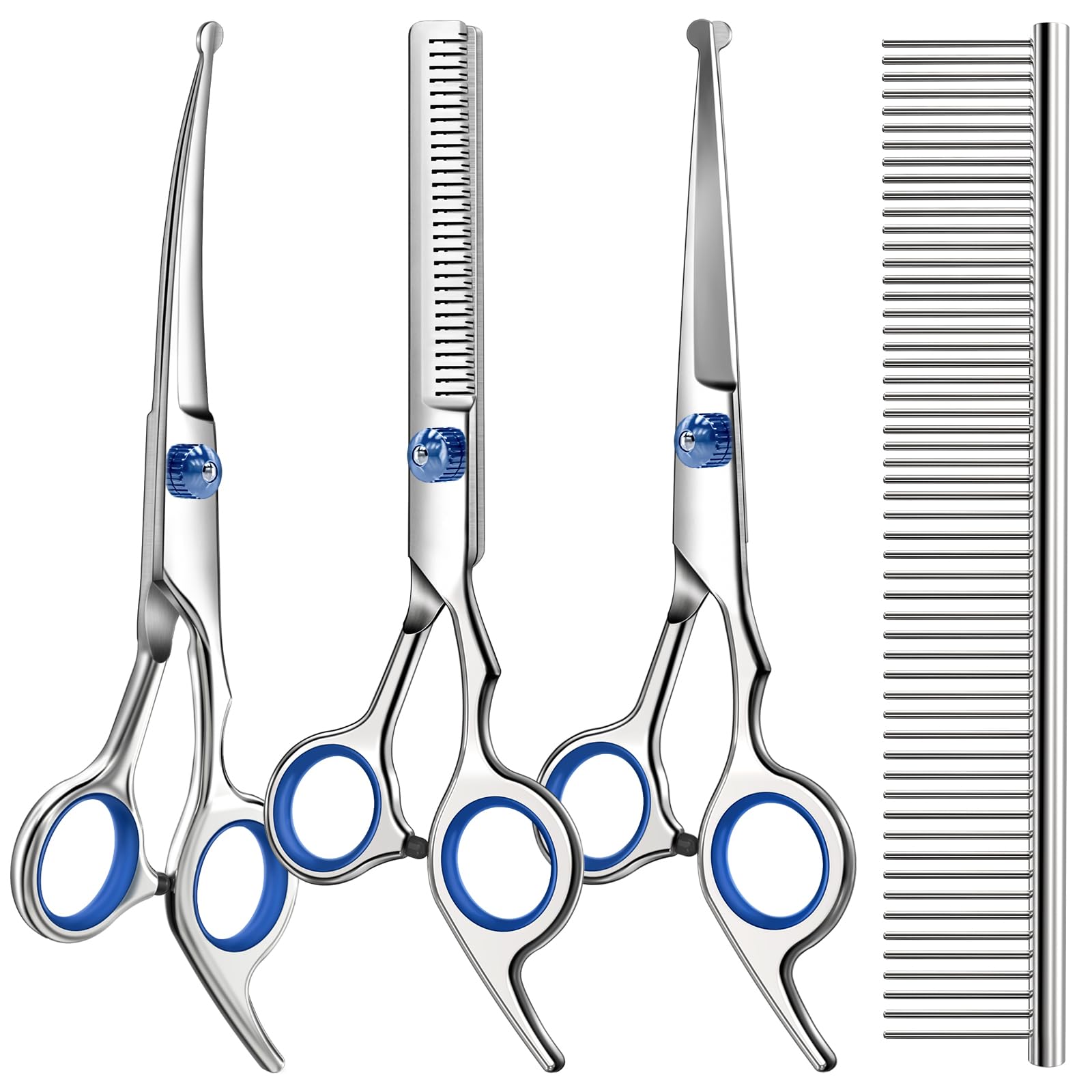 Photo 1 of Professional 4 in 1 Dog & Cat Grooming Scissors Kit with Safety Round Tips,Sharp & Durable,Dog Shears for Grooming - Includes Straight, Curved, Thinning Scissors and Comb - Premium Pet Supplies