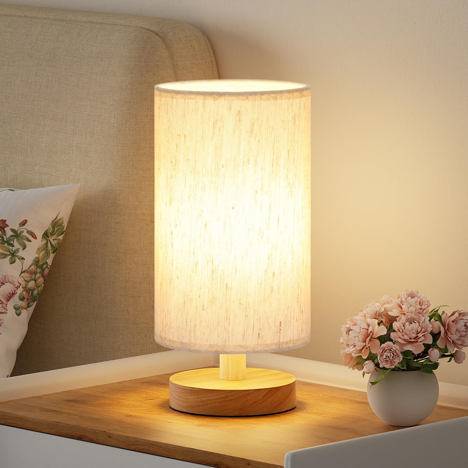 Photo 1 of Fenmzee Small Table Lamp for Bedroom - Inline Control, Bedside Lamp with 3000K A15 LED Blub, Easy Assembly (Cream Shade - Wood Base, 9" Inline Control)