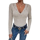 Am Direct Women's Long Sleeve Lace V-Neck T-Shirt Fall Ribbed Knit Stretch Fitted Sweaters Casual Going Out Y2K Trendy Tops