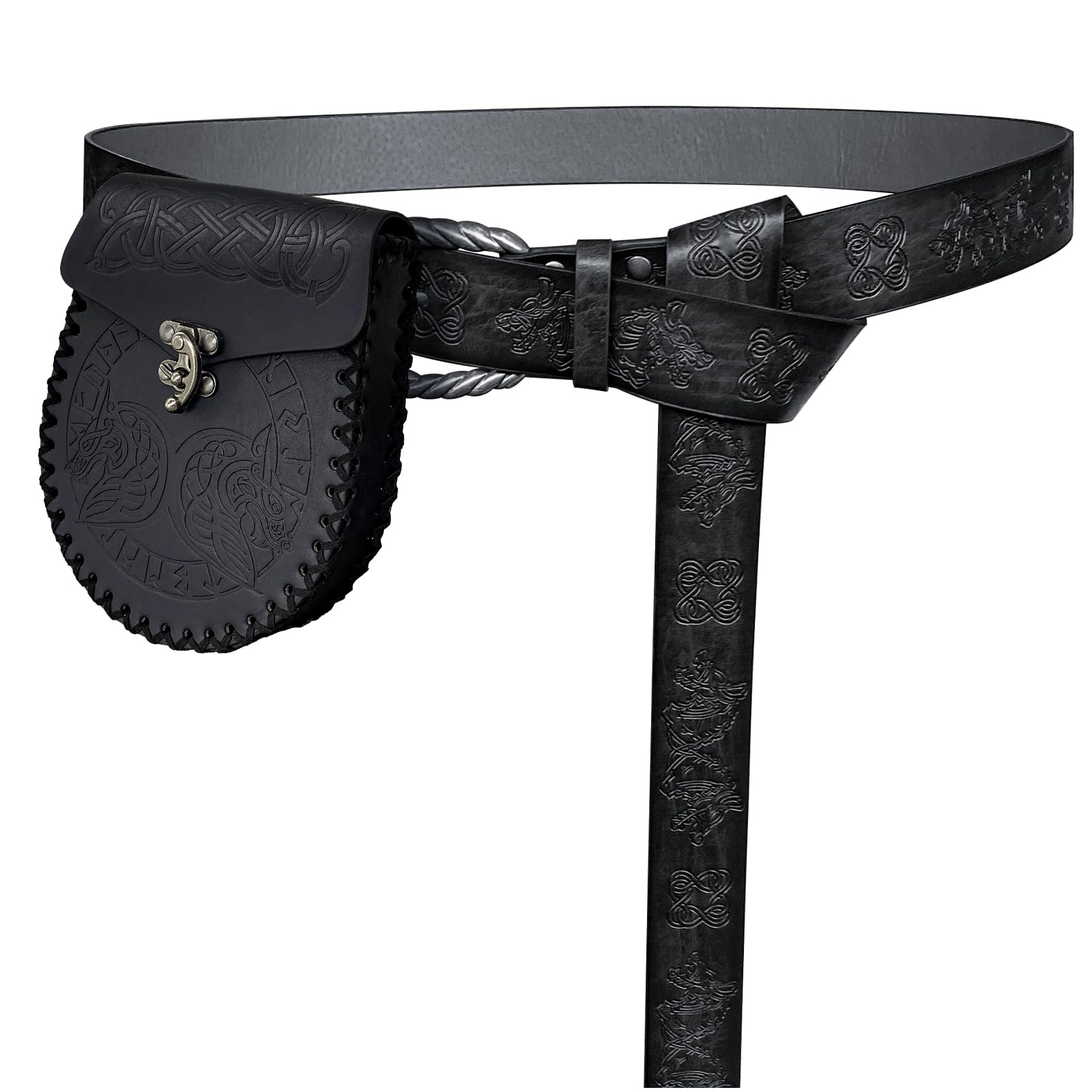 HiiFeuer Viking Fenrir Embossed Buckle Belt with Nordic Embossed Belt Bag, Vintage Faux Leather Belt and Pouch Set for LARP (Black)