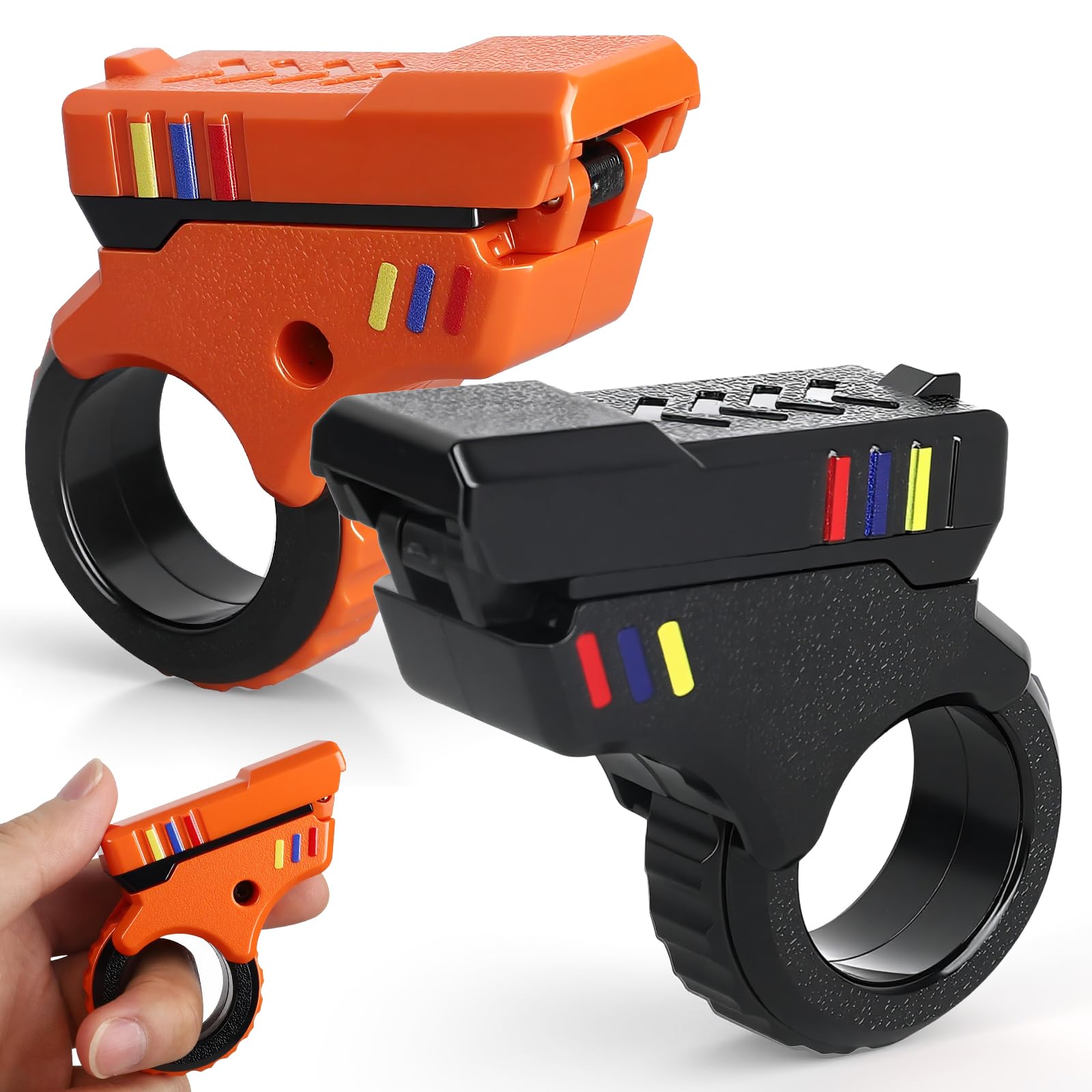 Fidget Gun Slider Clicker Ring Toy, EDC Finger Roller Toy Fidget Botton Pistol Fingertip Textured Spinner Flip for Kids Adults, Gift for Stocking Stuffer Halloween (Balck/Orange - Plastic) — image 1