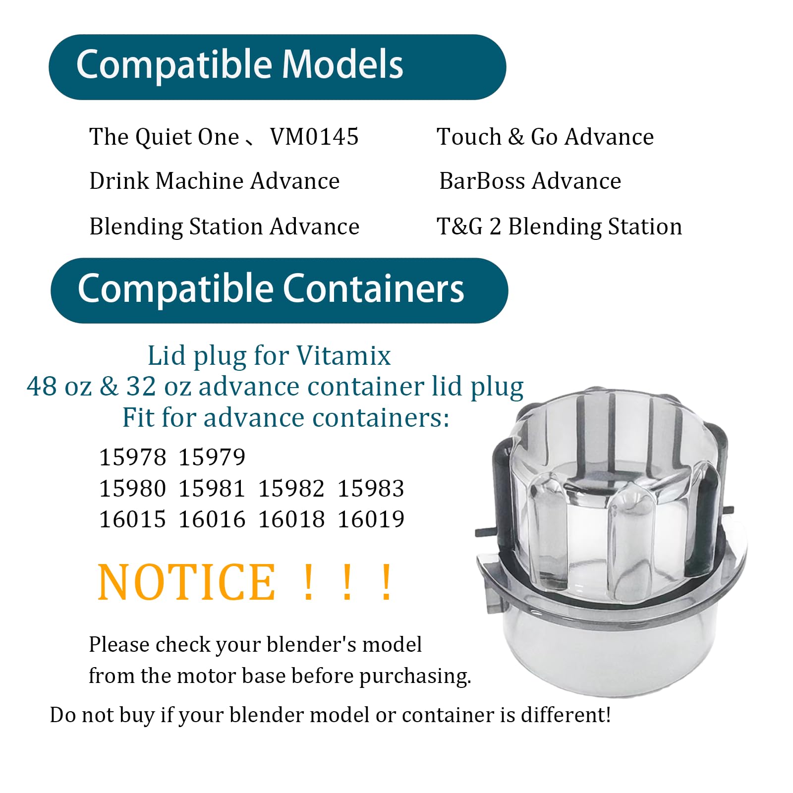 Compatible with vitamix Lid Plug Advance Container 48 Oz & 32 Oz,Fit Models the Quiet One VM0145 BarBoss Drink Machine Advance Blender,Lid Plug for Advance Containers 15978 16016 15981 16019（1PCS）