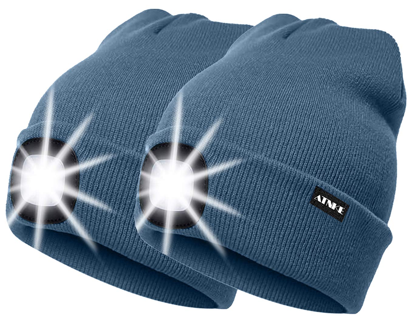 ATNKE 2Pcs New Warm LED Lighted Beanie Cap Unisex USB Rechargeable Running Hat Ultra Bright 4 LED Waterproof Light Lamp Multi-Color (Shadow Blue, 2PCS)
