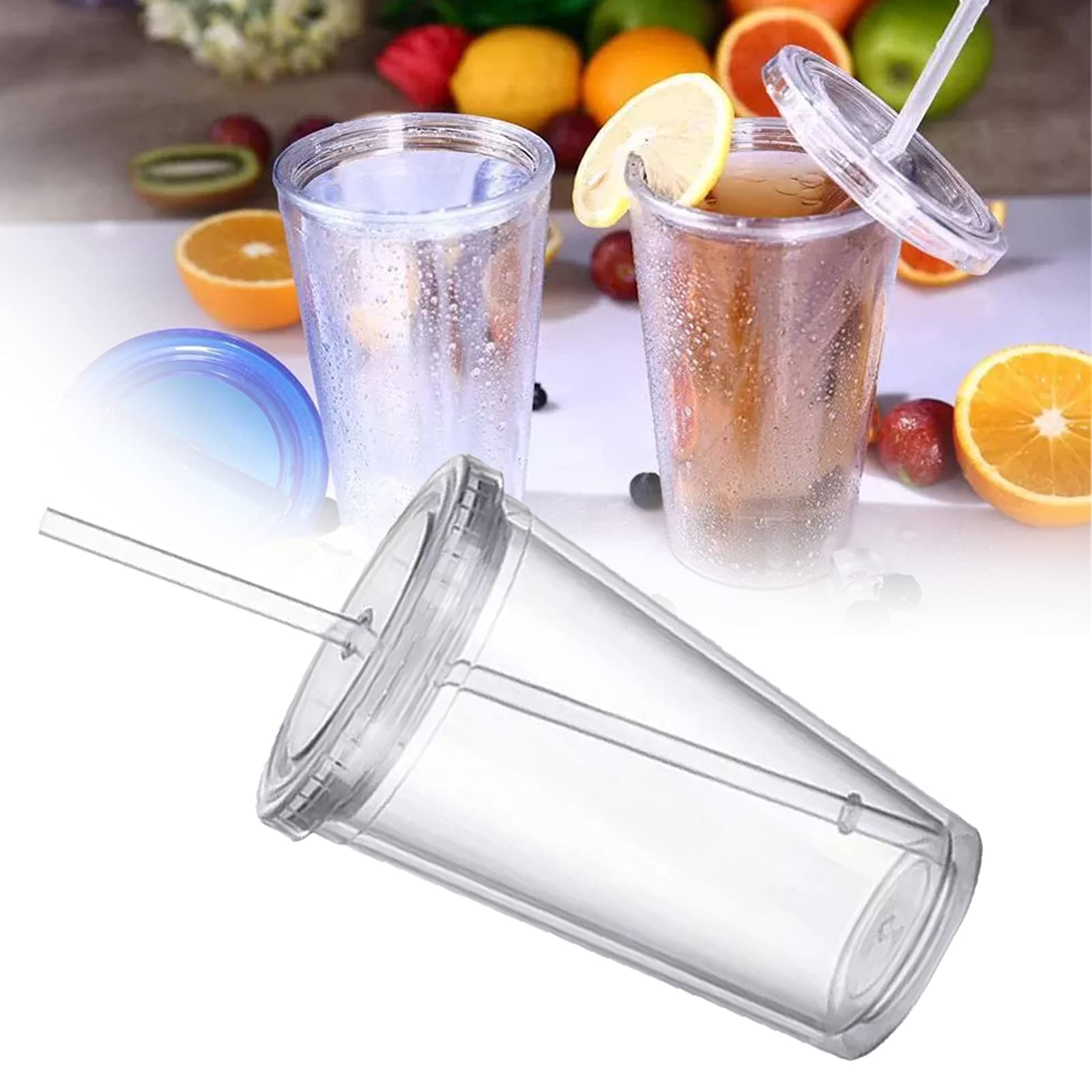 EUNEWR Plastic Travel Cup with Straw, Double Walled Sealed Transparent Drinking Cup for Fruit Juice, Smoothie, Coffee