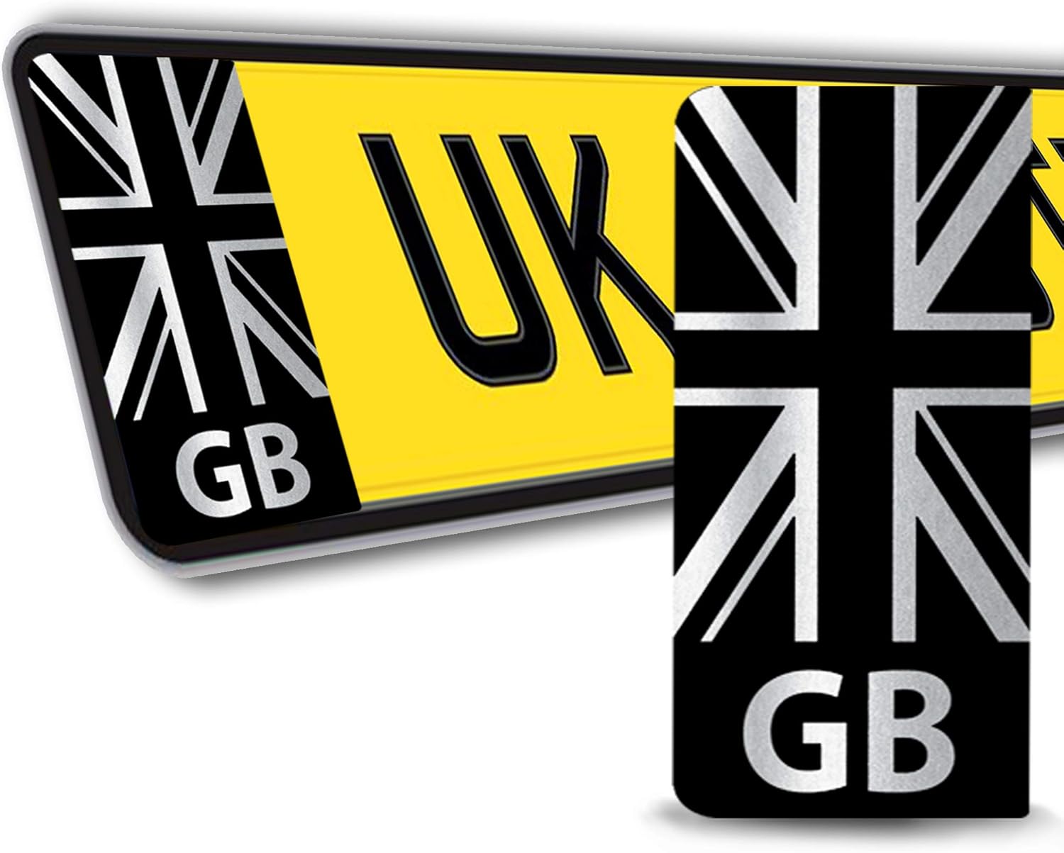 SkinoEu® 2 x Vinyl GB Badge Car Number Plate Silver Self-Adhesive Stickers Union Jack UK Decals QV 43, Silver Black, 104mm x 47mm