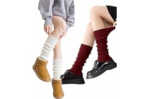 2 Pairs Knit Winter Leg Warmers For Women Girls - White and Wine Red Ankle Warmers, Ribbed Elastic Winter Socks with Sequin, 