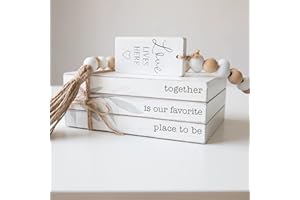 GENMOUS & CO. GENMOUS 4pcs White Decorative Books Set for Home Decor, Stacked Wood Books with Wood Bead Tassels for Living Room, Faux Books for Display, Shelf Decor, Mantel Decor, Farmhouse Décor Together