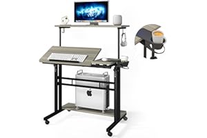 Panta Mobile Standing Desk, Adjustable Rolling Computer Desk with 3 Desktops, Portable Laptop Table with Desk Cup Holder, Home Office Laptop Workstation on Lockable Wheels,Grey Oak