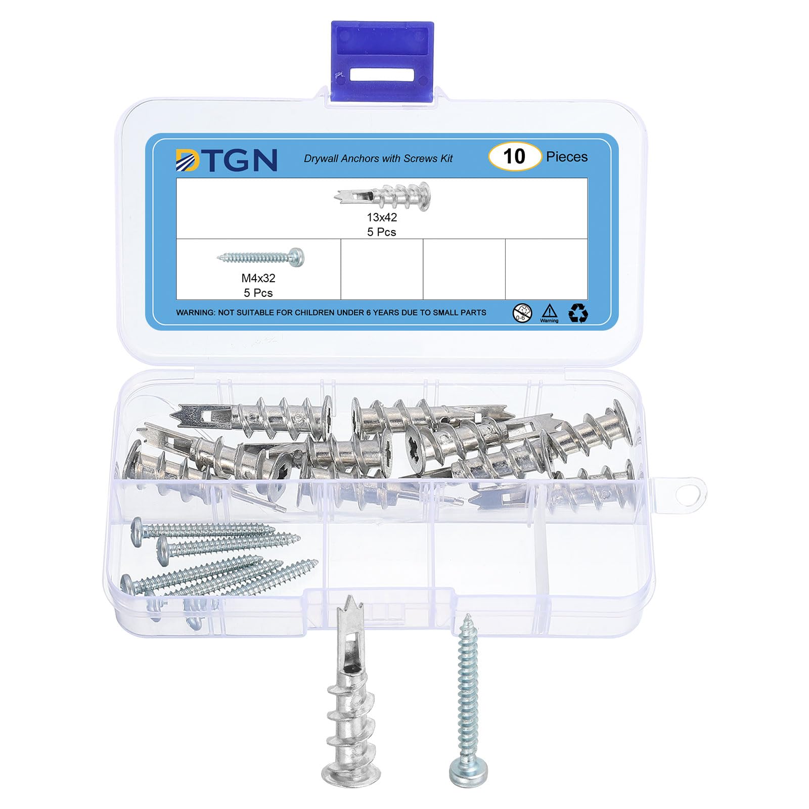 DTGN 13x42mm Self-Drilling Drywall Anchors with Screws Kit - 5 Set - Good for Concrete Tile Cement - Zinc Alloy Hollow Wall Anchors Kit with M4 Screws