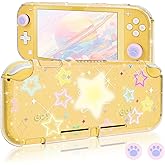 DLseego Protective Case Suitable for Switch Lite Console 2019, TPU Soft Shell Anti-Slip Shock-Absorption Crystal Protective Heart Games Case with 2 PCS Cute Cat Paw Thumb Grips Caps - Glitter Yellow