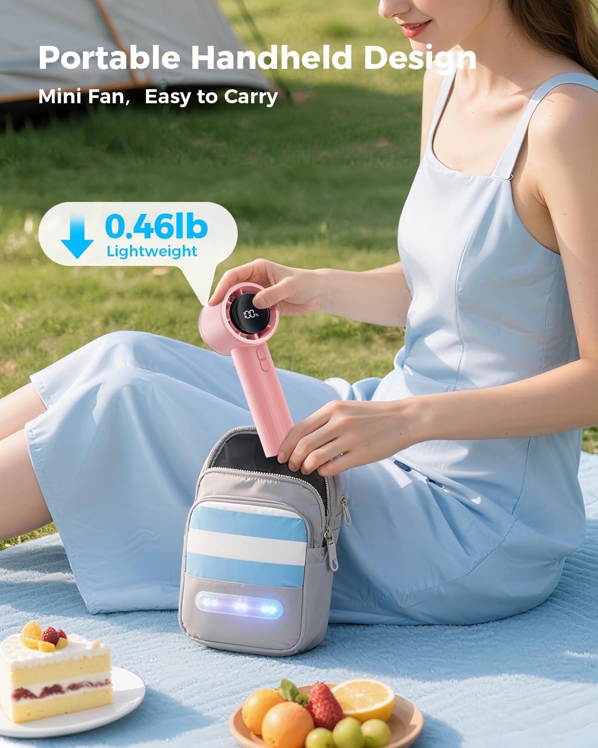 SWEETFULL Portable Handheld Fan Rechargeable - 6 Gear High Speed Powerful Mini Turbo Fan with Flashlight, Digital Display, Personal Fans Blow Cold Air for Travel Essentials, Gift for Women Men (Pink)