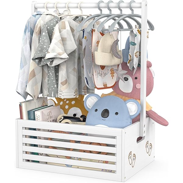Panier Rangement Bébé En Bois Avec 5 Cintres - Armoire Portable Décorative Pour Vêtements, Couches, Jouets - Cadeau Naissance, Noël, Baptême