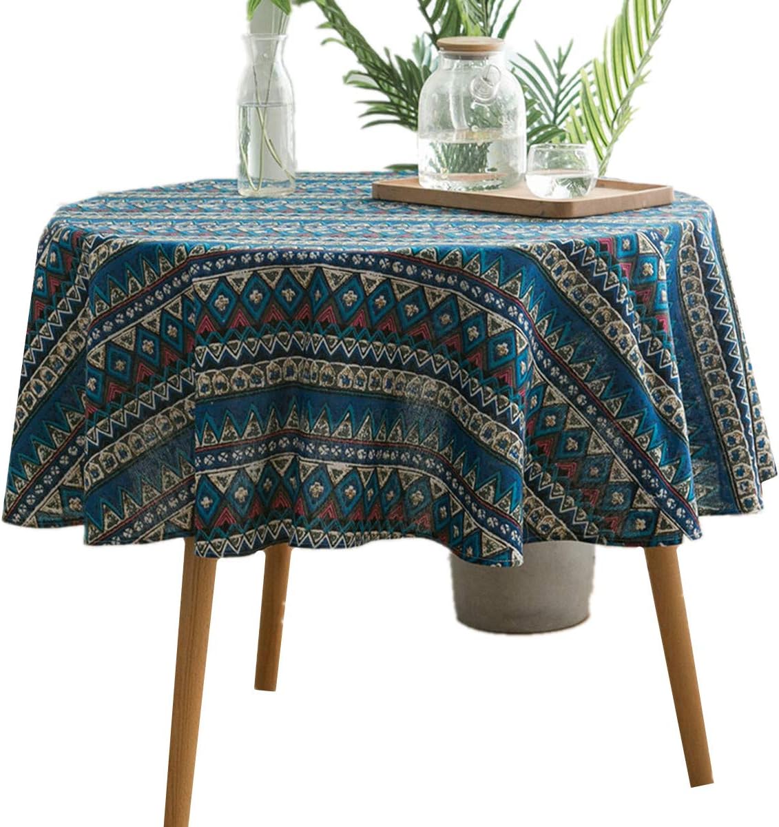 Round - 60" Tablecloth Cotton Linen Bohemian Style Blue Table Cloth for Home Tabletop Decoration
