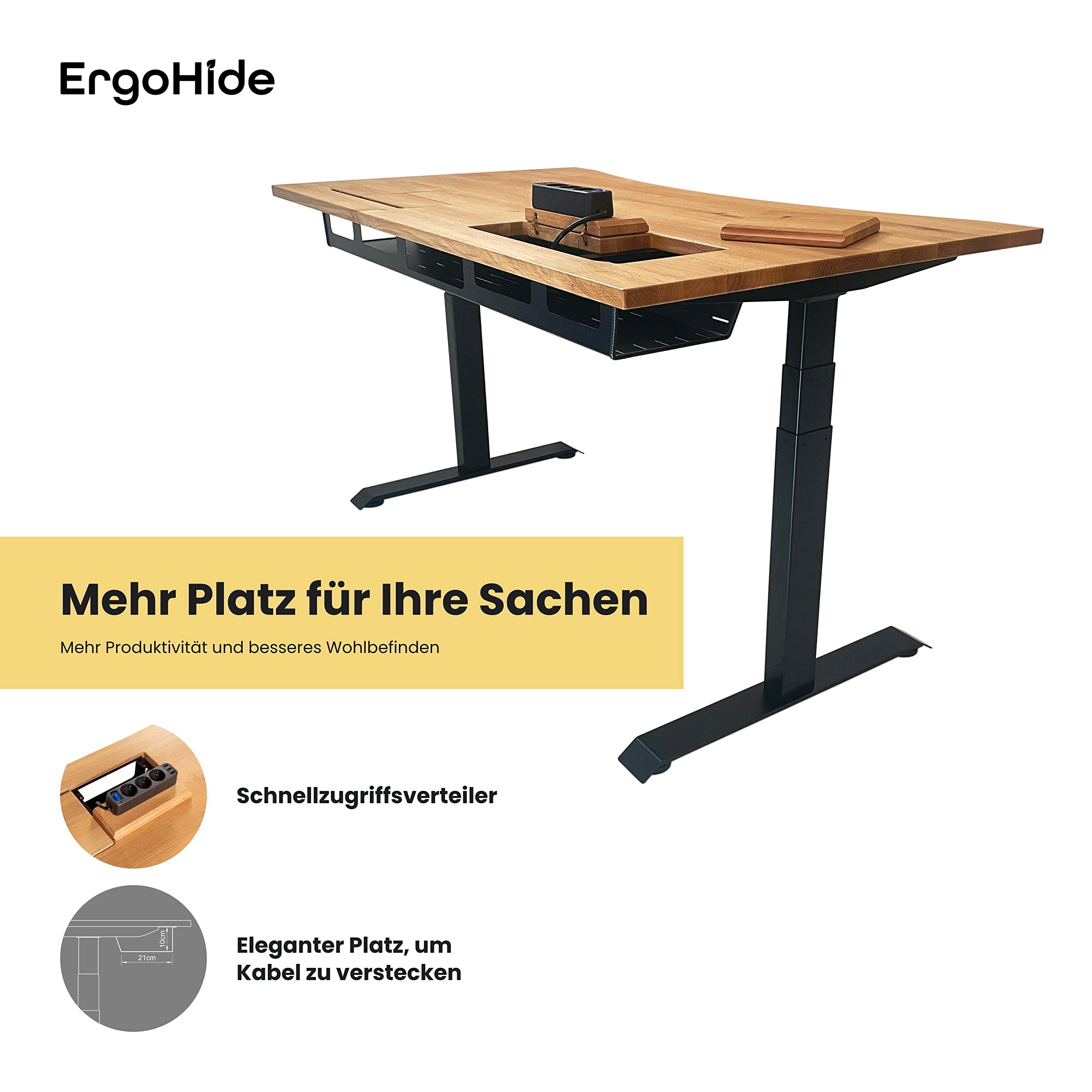 ErgoHide® Höhenverstellbarer Schreibtisch aus Massivholz mit erweitertem Kabelmanagement/Kabelkanal (Eiche, Schwarz, Ergonomisch, 150x80cm) 3