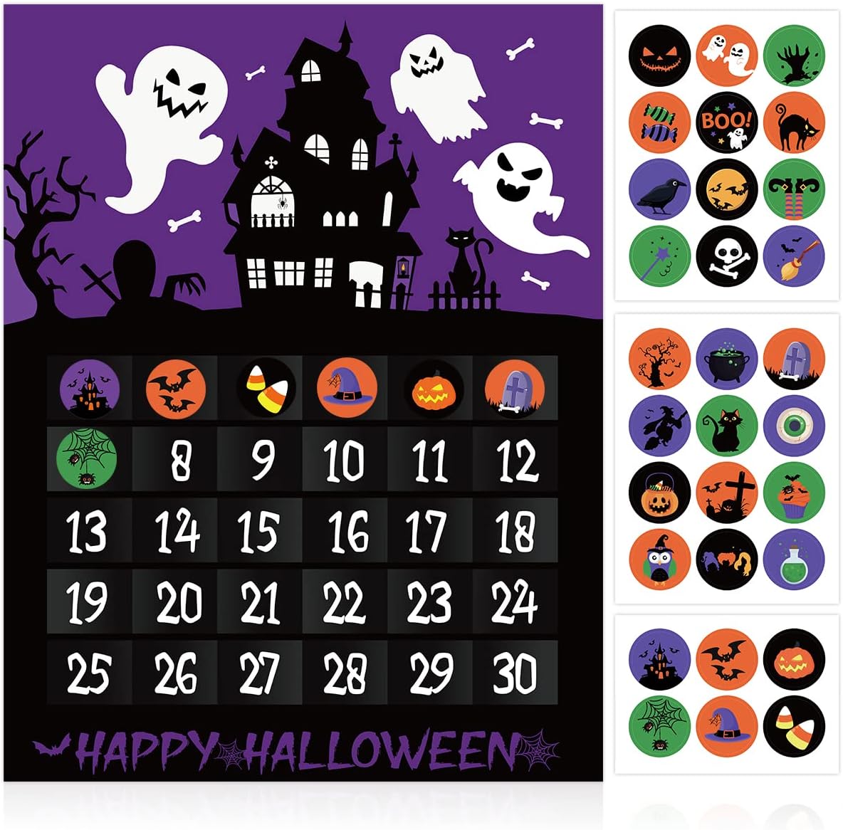 Advent Calendars - Halloween Advent Calendar Countdown to Halloween for 30 Days Ghost Black Cat Purple Paper Poster Removable Stickers Halloween Haunted House Decor for Home Classroom Office Wall Door Kids Gift Idea