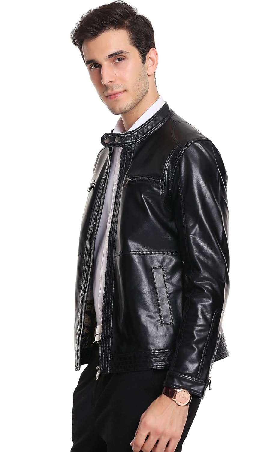 chouyatou men's vintage stand collar pu leather jacket