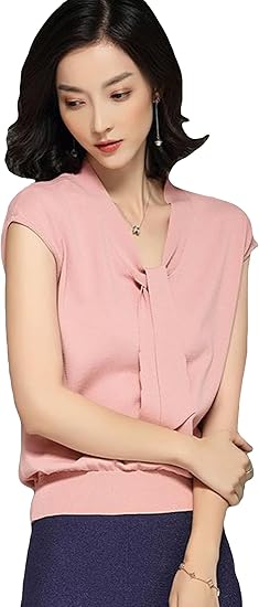 Amazon Mengfan レディース Tシャツ ブラウス 夏服 半袖 カットソー 無地 Vネック ニット コンフォート シンプル トップス ニット ゆったり ストレッチ エレガント フォーマル オフィス Tシャツ カットソー 通販