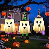 3 PCS Glowing Halloween Hanging Ghosts with Witch Hats,Halloween Outdoor Decor for Yard, Patio, Garden & Trees