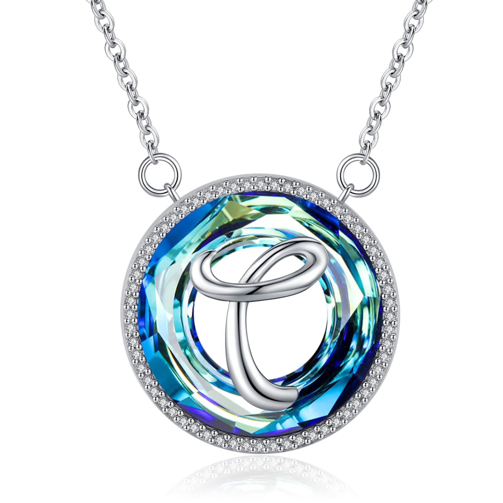 Eusense Letter T Pendant 925 Silver Blue Round Crystal Necklace Initial Necklaces for Her Alphabet Jewellery Gifts for Women