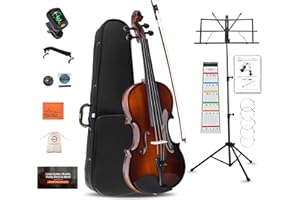 ADM Acoustic Violin for Beginner 4/4 Full Size Violin Set Solid Wood for Adult Teen Student Starter Kit with Hard Case, Tuner, Shoulder Rest, Bow, Music Stand, Strings, Free Lessons, Black Brown