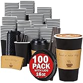 Lamosi 16 oz Coffee Cups with Lids 100 Pack, 16 oz Disposable Coffee Cup with Stir Sticks and Sleeves, To Go Hot Paper Cup for Home, Travel, Office