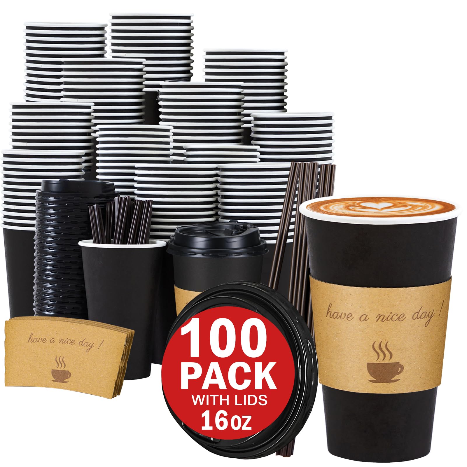 Photo 1 of Lamosi 16 oz Coffee Cups with Lids 100 Pack, 16 oz Disposable Coffee Cup with Stir Sticks and Sleeves, To Go Hot Paper Cup for Home, Travel, Office