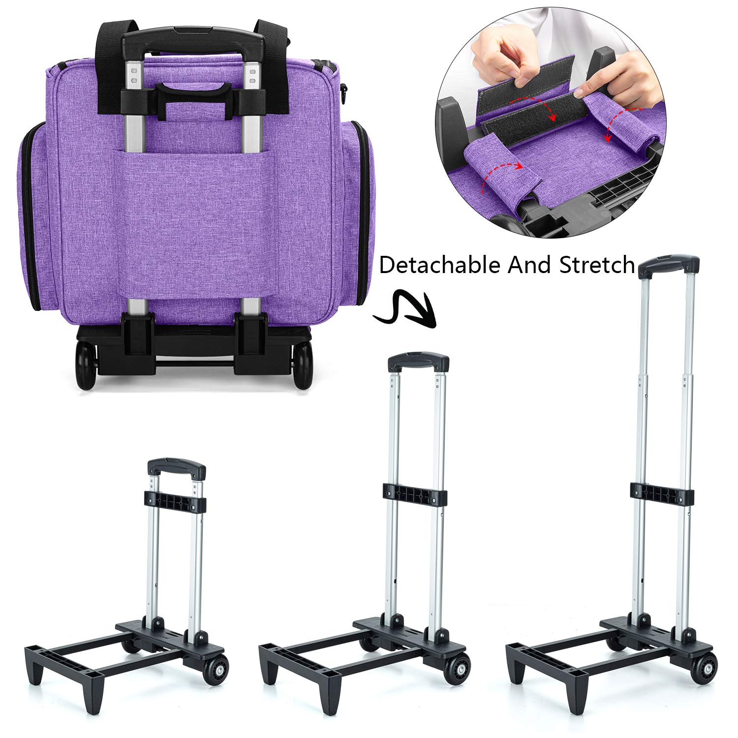 LUXJA Serger Case with Detachable Trolley Dolly, Bag with Removable Padding Pad (Fit for Most Standard Machines), Purple