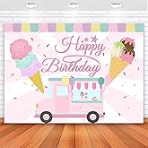 Sensfun Ice Cream Birthday Backdrop Ice Cream Truck Shop Sweet Summer Baby Girls Party Photography Background Here's The Scoop Kids Birthday Cake Table Decorations Banner Photo Booth Props 7x5ft