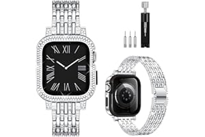 Omnillert Diamond Metal Band Compatible with Apple Watch Bands for Women 40mm 41mm 44mm 45mm, Charm Bling Jewelry Replacement Wristbands Bracelet Straps with Case for iWatch Series 9 8 7 6 5 4 SE SE2