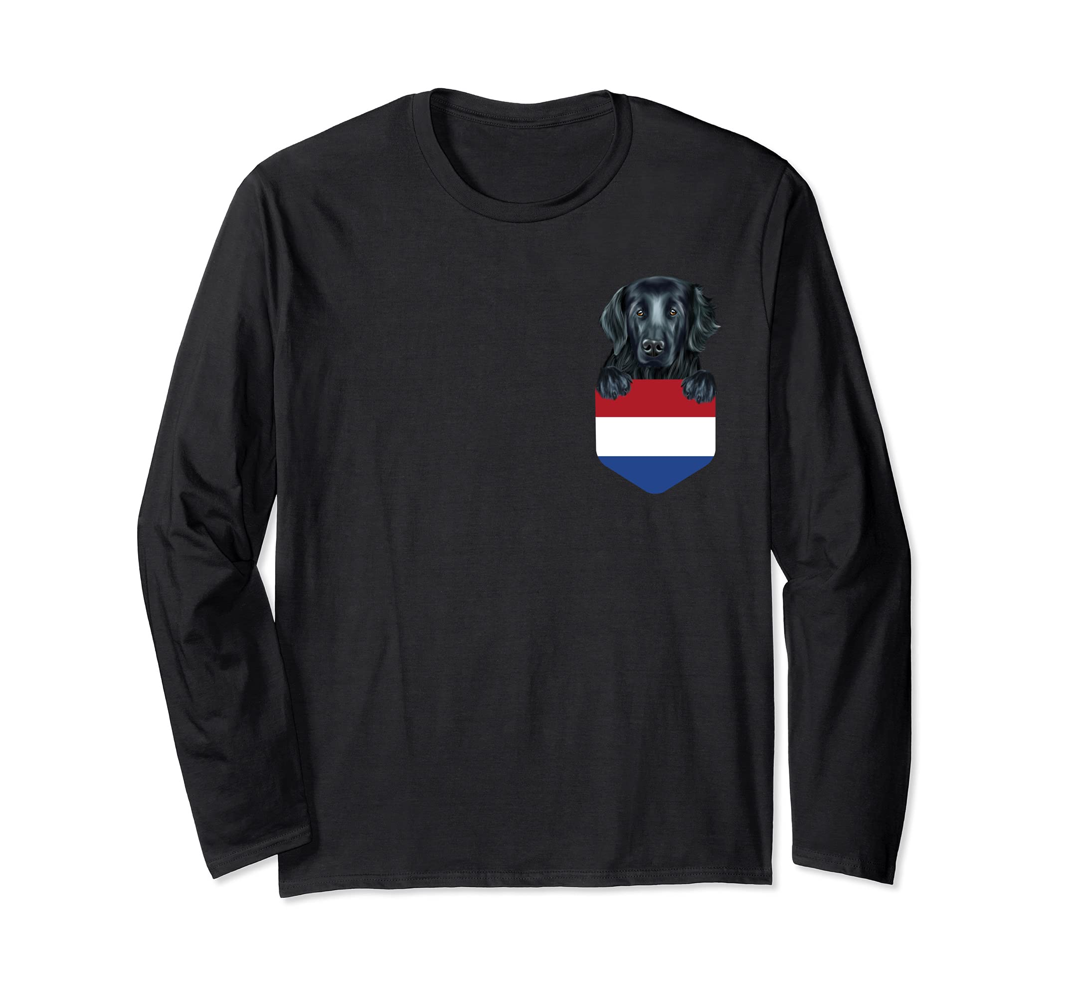 Netherlands Flag Flat-Coated Retriever Dog In Pocket Long Sleeve T-Shirt