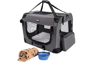 Petprsco Portable Collapsible Dog Crate, Travel Dog Crate 24x17x17 with Soft Warm Blanket and Foldable Bowl for Large Cats & 