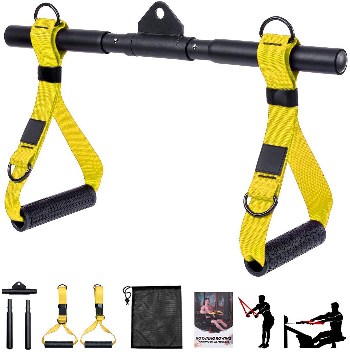 DESTRIC Cable Machine Attachments Rowing Machine Handle Detachable,All in One Rotating Straight Bar Tricep Rope Exercise Handles for Home Gym Weightlifting Crossfit and Bodybuilding