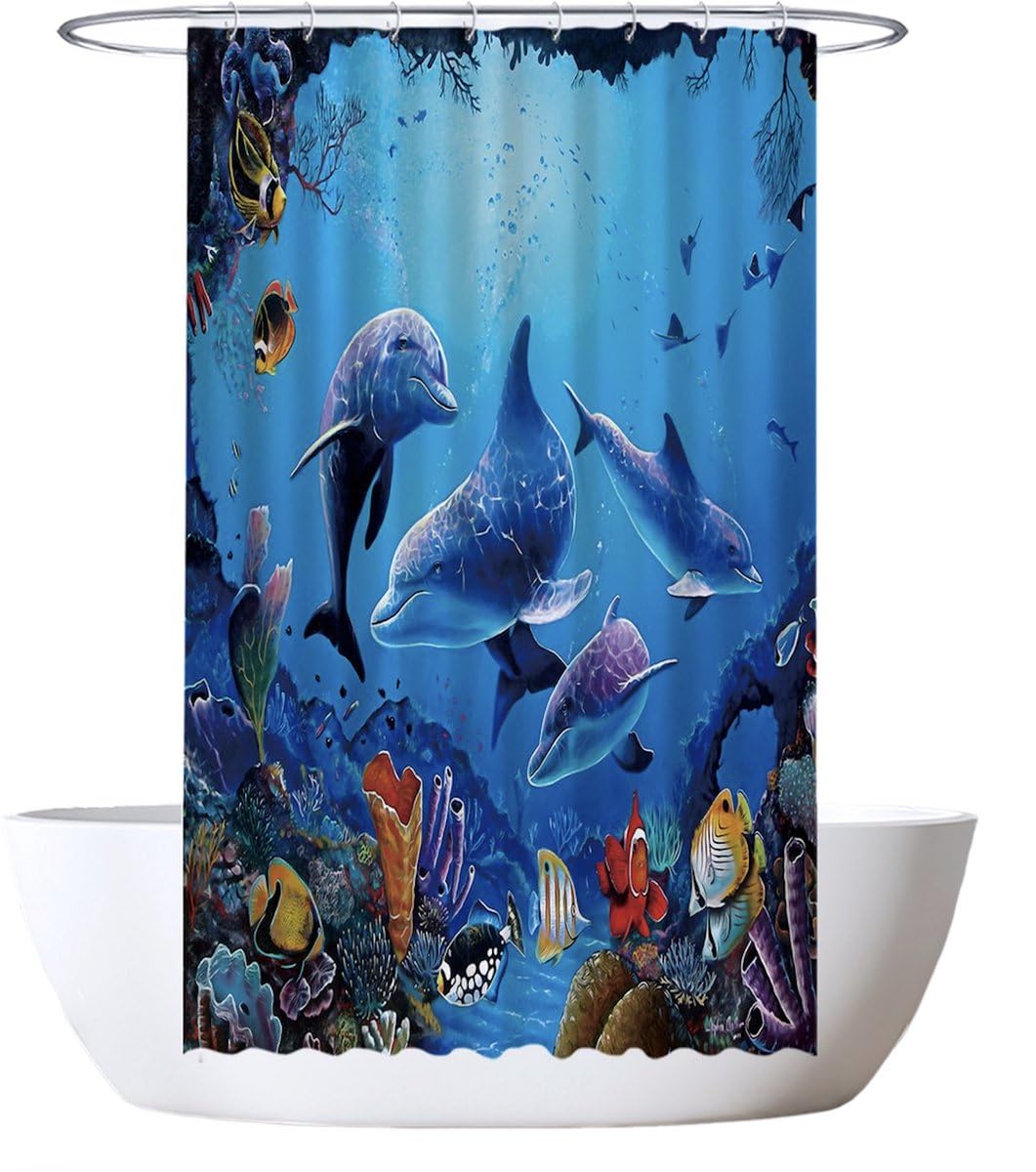 Ulticool Shower Curtain - Natural Dolphin Sea Fishing Aquarium Coral - 120 x 200 cm - Anti Mould - with 8 Rings - Blue
