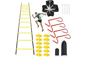 RAINMAE Speed & Agility Ladder Training Equipment Set, Includes 12 Rung 20ft Agility Ladder, 4 Agility Hurdles,12 Disc Cones, 1 Resistance Parachute for Training Football Soccer Basketball Athletes