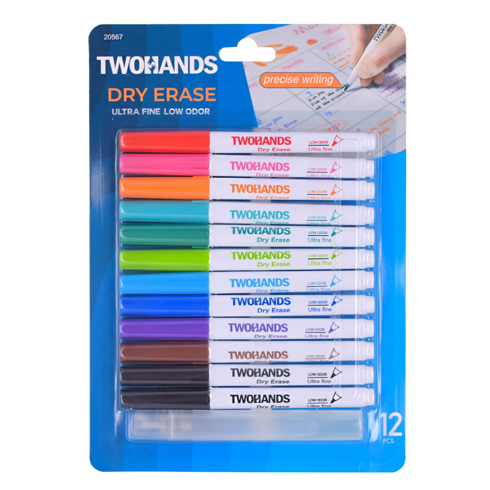 TWOHANDS Whiteboard Markers Dry Wipe Pens Ultra Fine Tip,0.7mm,Low Odor,Extra Fine Point Dry Erase Markers,11 Assorted Colors,12 Count,20567