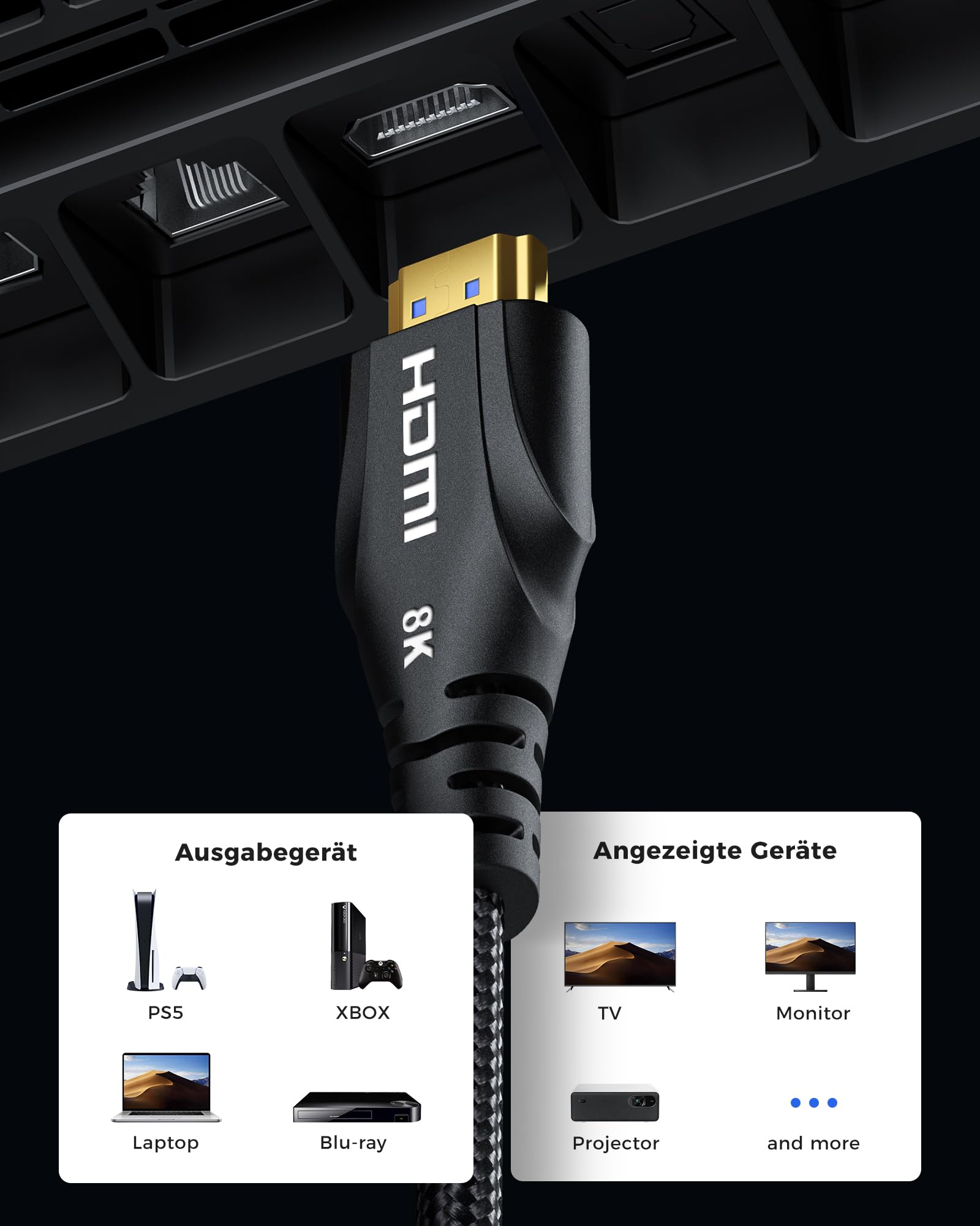 Cratree HDMI Kabel 3 Meter - 8K Zertifiziert Ultra High Speed HDMI Kabel - 48Gbps, 8K 60Hz, 4K 120Hz, Geflochten, eARC, ARC, HDCP 2.2 2.3 - Kompatibel mit PS5, Monitor, UHD TV 5
