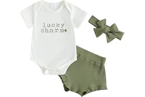 Bowanadacles Newborn Baby Girl St. Patrick's Day Clothes Outfit Clover Short Sleeve Romper Bottom Headband Set