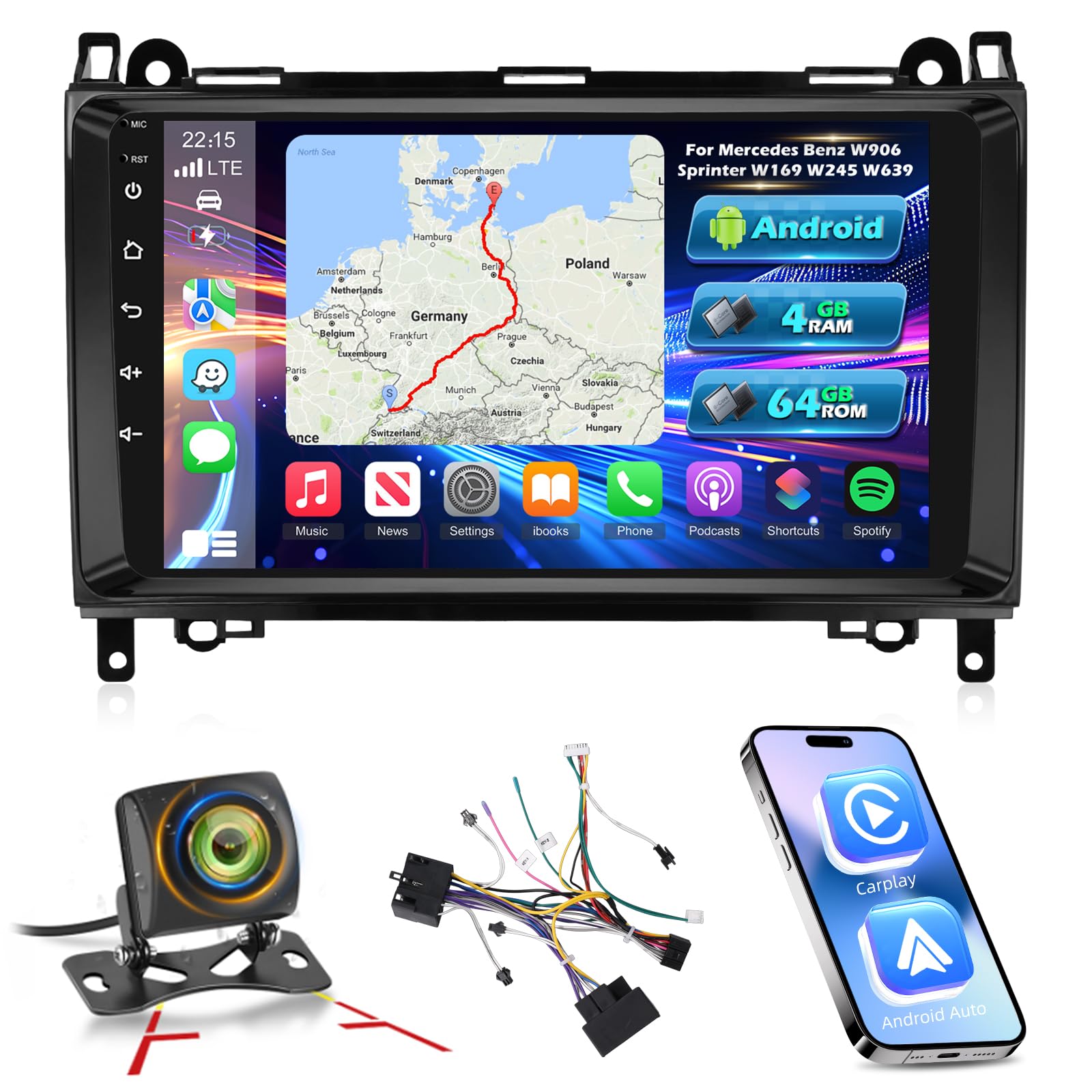 Photo 1 of 8 Core+64G Android Car Stereo for Mercedes Benz W906 Sprinter W169 W245 W639 Vito Viano - 9 Inch IPS Touchscreen Radio with Wireless Carplay & Android Auto, 5G WiFi/DSP/GPS/SWC +AHD Rear View Camera