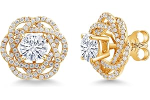 Gem Stone King 18K Yellow Gold Plated Silver Round 6MM Gemstone Birthstone Stud Earrings with White Moissanite Removable Earrings Jackets For Women