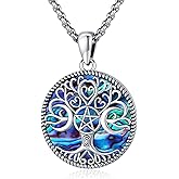 Eusense Triple Moon Goddess Necklac for Women Men Tree of Life Pendant Tetragrammaton Necklace Sterling Silver 925 Pentagram Moon Pentacle Goddess Pagan Wiccan Tree Life Jewelry