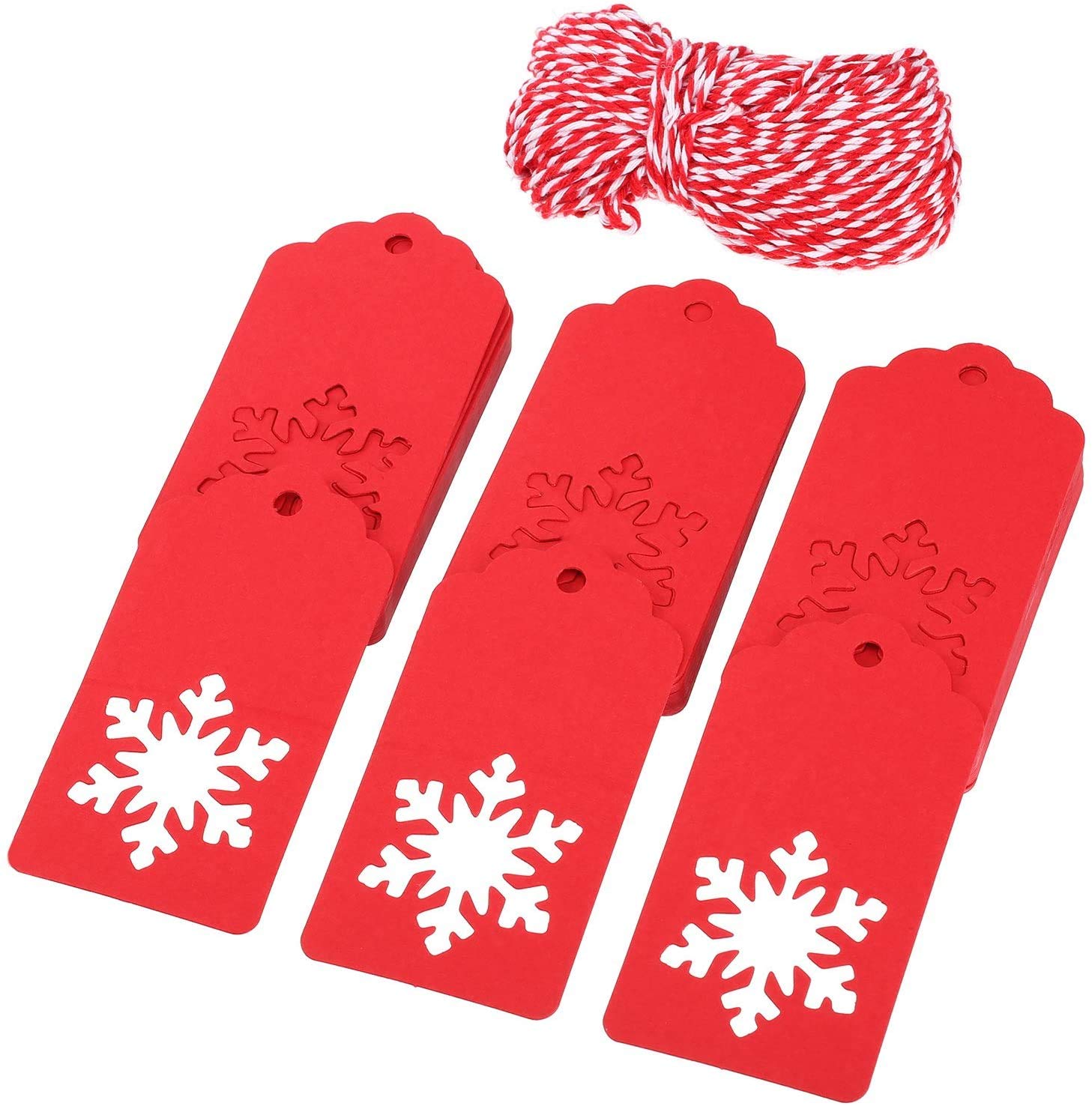 Shiwaki 100 PCS 3.7"x1.8" Red Snowflake Shape Hollow Tags, with Hollow Snowflake,Rectangle Kraft Paper Hang Tags Labels Wth 65ft Jute Twine Ideal For Crafts Christmas Tags, Price Labels