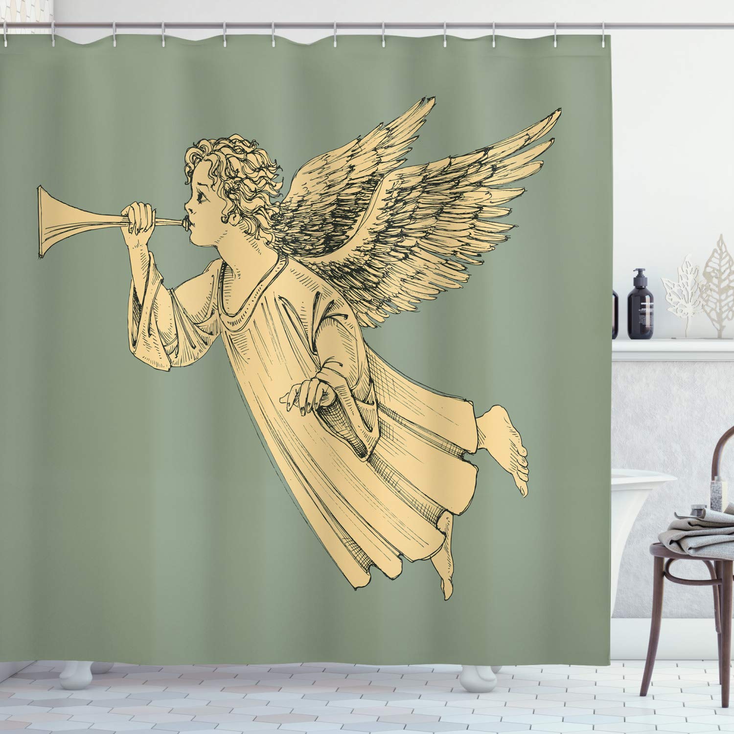 ABAKUHAUS Christmas Shower Curtain, Flying Christmas Angel with Wings Playing Trumpet Mythological Artwork, Cloth Fabric Bathroom Decor Set with Hooks, 175 x 200 cm, Yellow