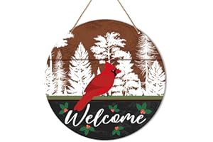 MUKTOUJAUMAI Winter Welcome Sign Front Door Decor, Christmas Round Hanging Sign Decor Farmhouse Cardinal Mistletoe Xmas Holiday Wall Decorations Winter Wood Sign for Door, Porch, Home