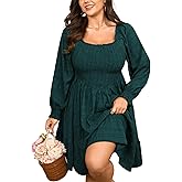 SHESTARR Womens Plus Size Dress Fall Casual Puff Long Sleeve Square Neck Empire Waist Tiered A-line Mini Short Dress