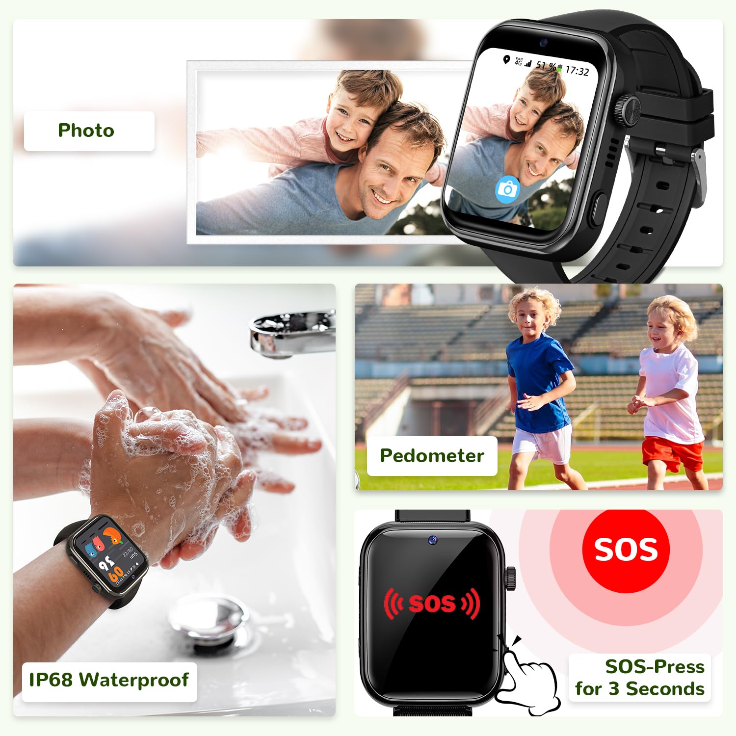 Smartwatch Kinder mit Videoanruf und Telefon, Kinderuhr mit GPS Voice Chat, Whatsapp, WiFi, SOS, SMS, Schulmodus, Schrittzähler, IP68 Wasserdicht, Wecker Kids Smartwatch für Mädchen/Jungen, Schwarz 3