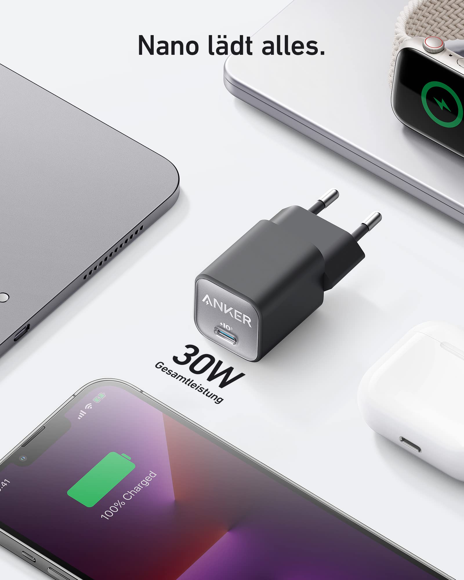 Anker 30W USB C Ladegerät, GaN 511 Nano 3, PIQ 3.0 PPS Schnellladegerät für iPhone 17/Pro/Pro Max/iPhone Air/16/15, Galaxy, Pixel 4/3, iPad (Ohne Ladekabel) 2