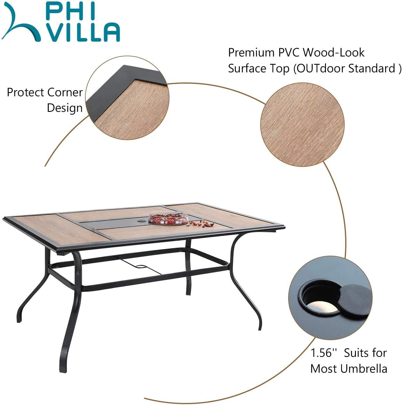 PHI VILLA Metal 60"x 37" Large Wooden Top Patio Dining Table Rectangular Backyard Bistro Umbrella Table Outdoor Furniture Garden Table, 1.56" Umbrella Hole, Black: Kitchen & Dining