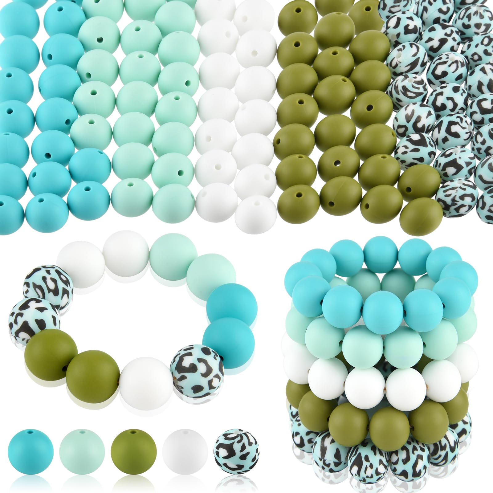 ASTARON 100 Pcs 15mm Silicone Beads for Keychain Making, Cyan Blue White Round Beads for Bracelets Beadable Pens Decorations Crafts Making Party Favours Supplies